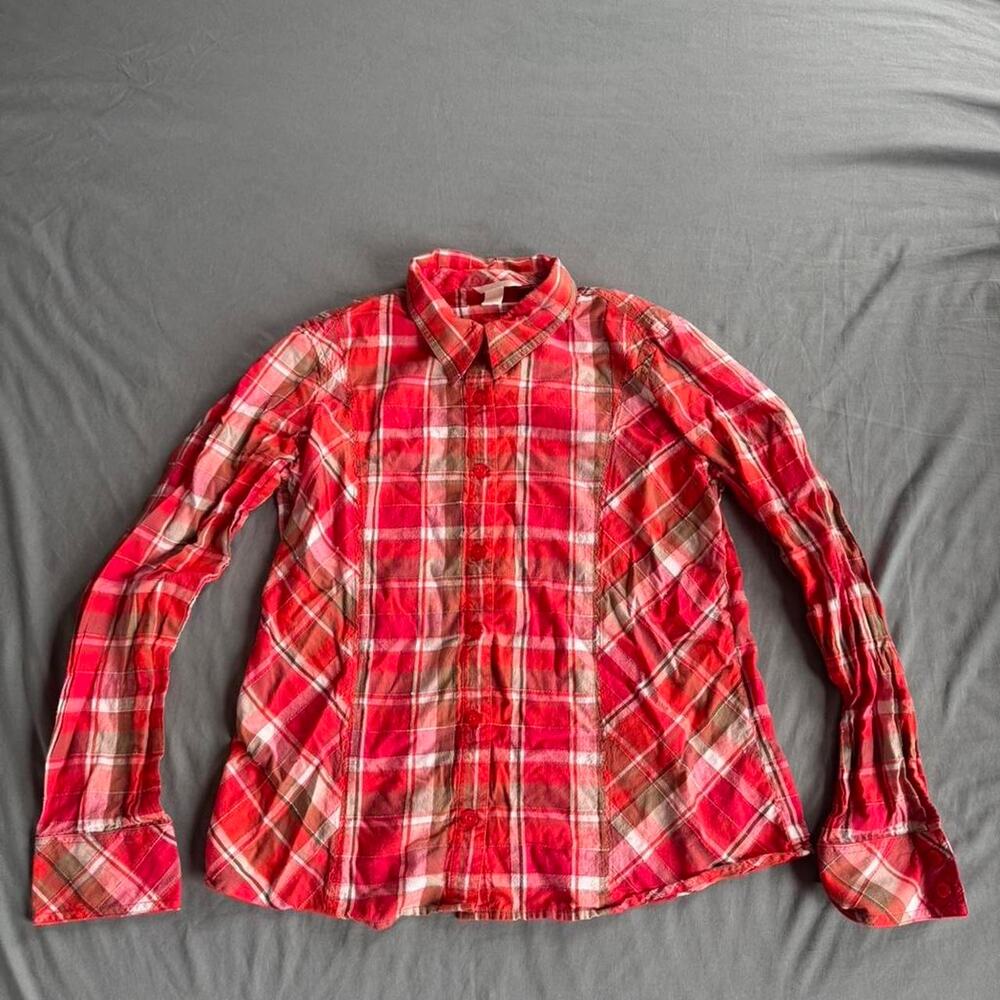 Christopher & Banks red and white plaid button up shirt- Size Womens Large